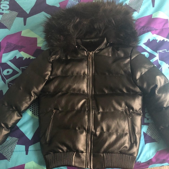 Black Leather Hooded Boys Jacket - Picture 1 of 2